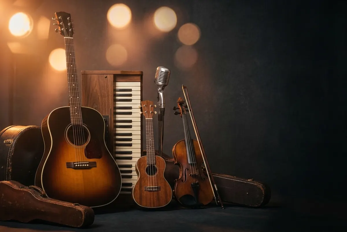 A collection of instruments — guitar, keyboard, violin, ukulele and microphone — arranged together in warm light