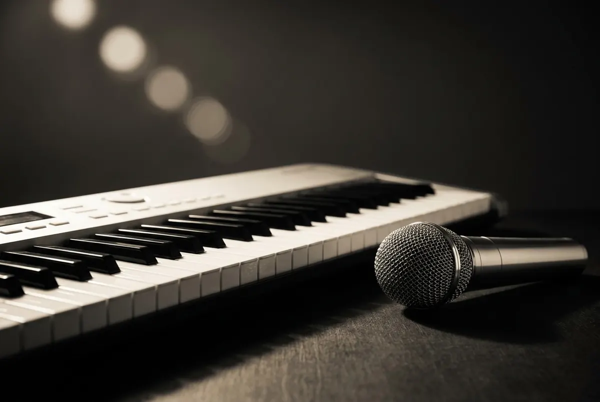 A keyboard and a vintage microphone resting together