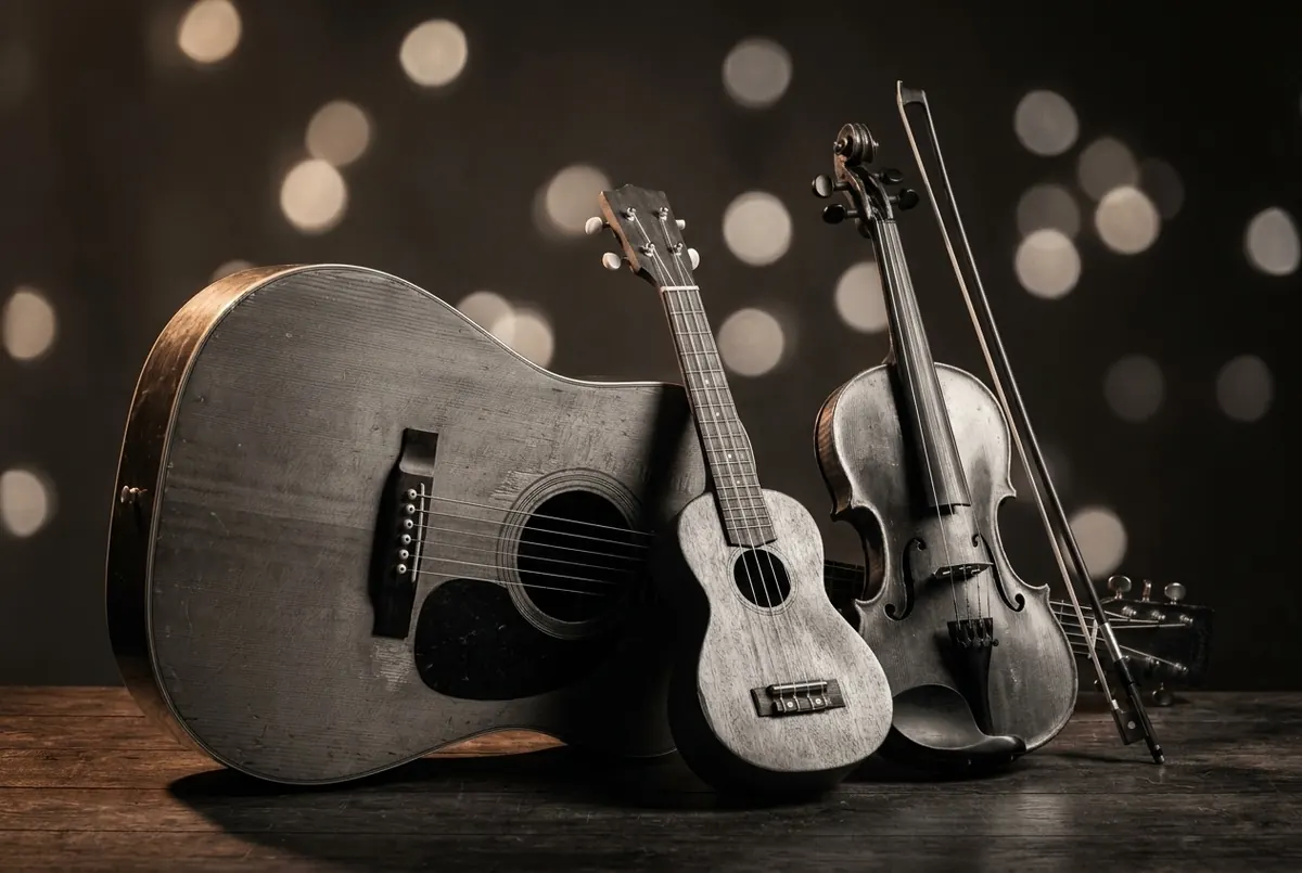 An acoustic guitar, ukulele and violin resting together