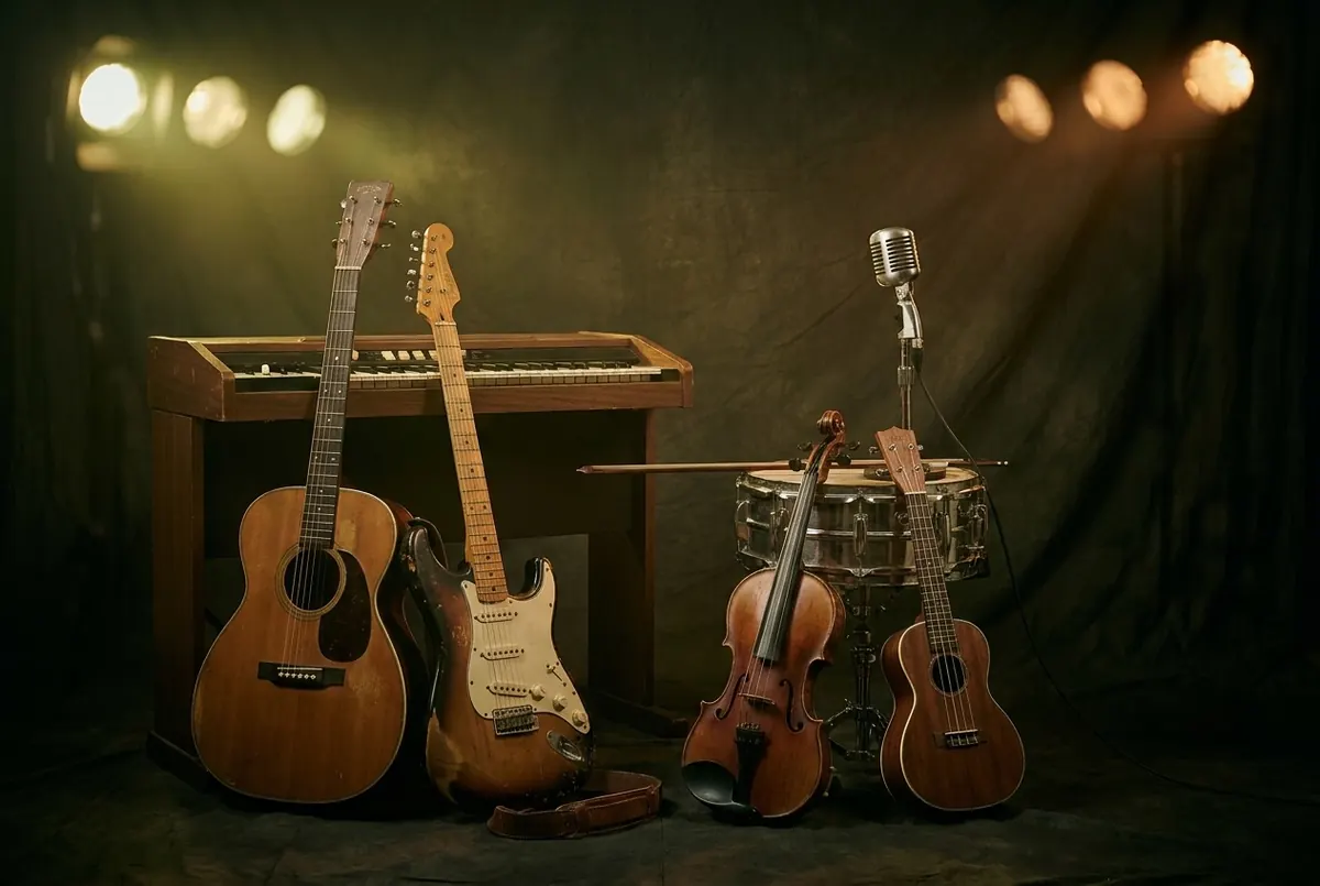 A collection of instruments — guitars, keyboard, violin, ukulele, drum and microphone — arranged together in warm stage light