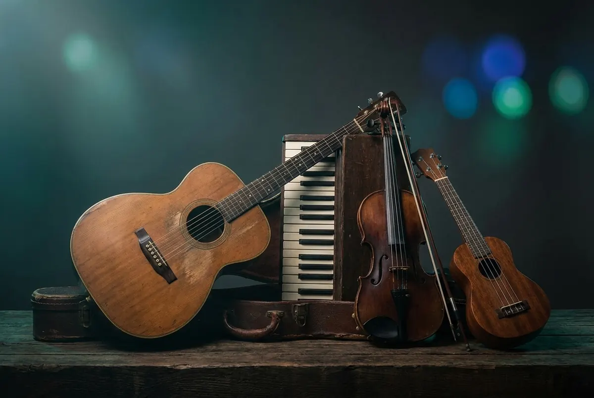 A collection of acoustic instruments — guitar, piano keys, violin and ukulele — arranged together in cool teal light