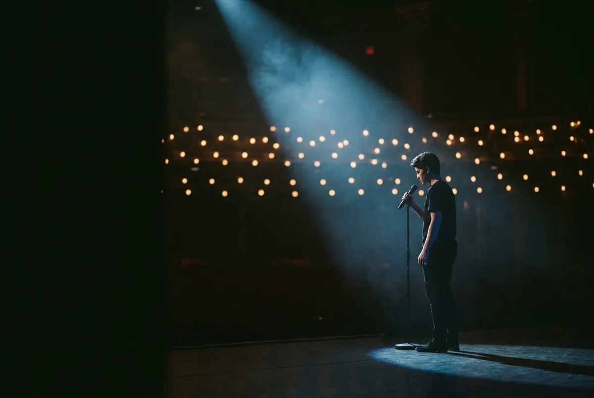 A young performer alone on stage under a blue spotlight, holding a microphone mid-performance