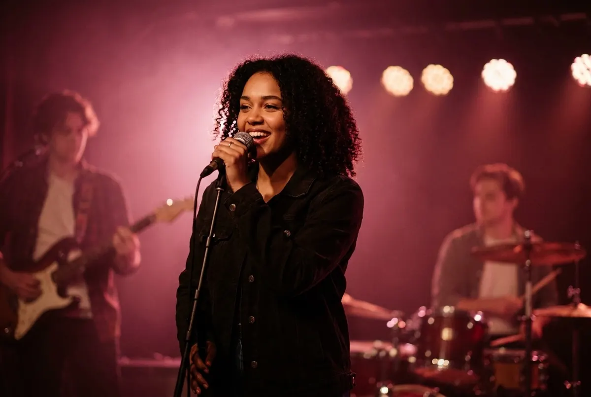 A young band performing on stage with a woman singing lead, lit in raspberry stage light