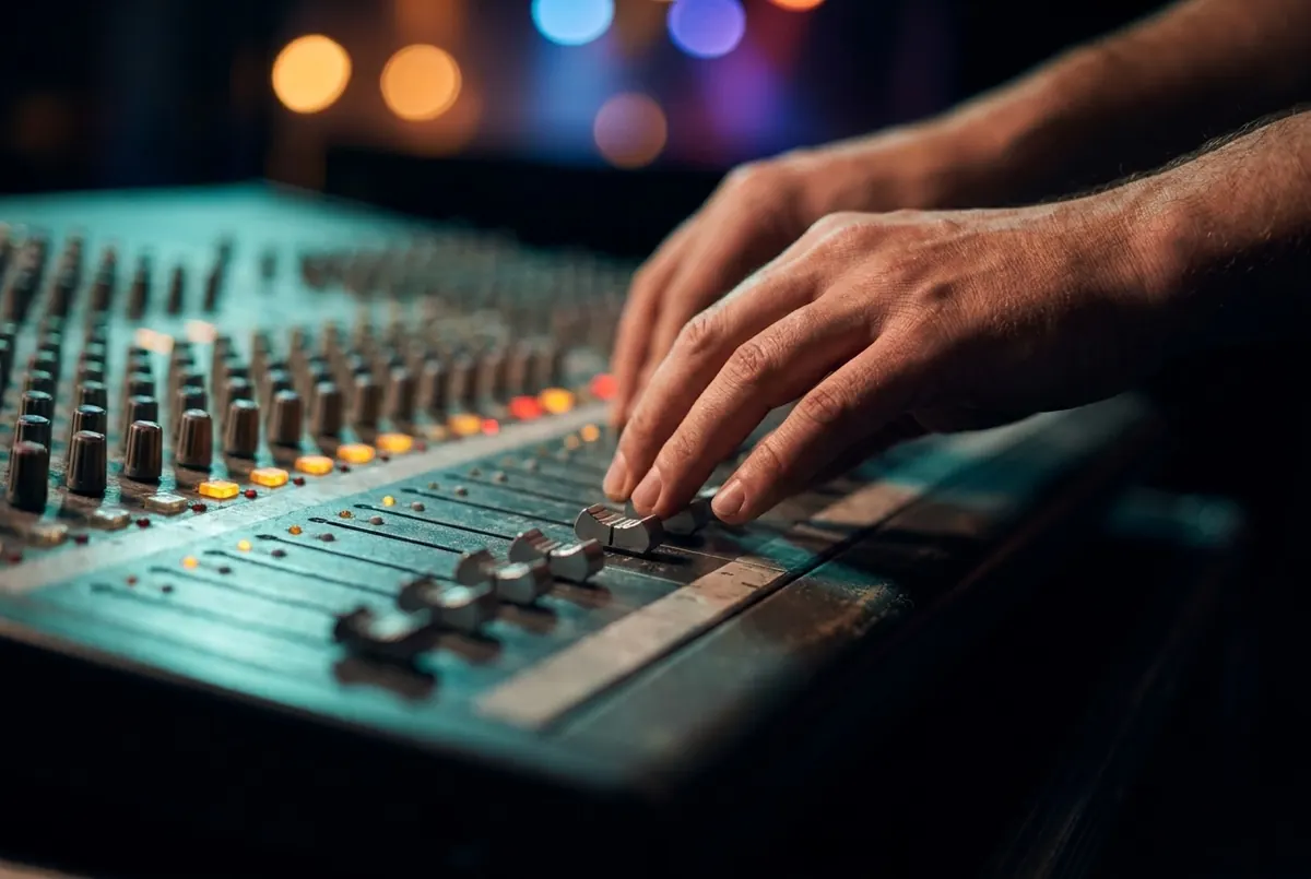 Hands on the faders of a studio mixing desk, channel lights glowing in teal