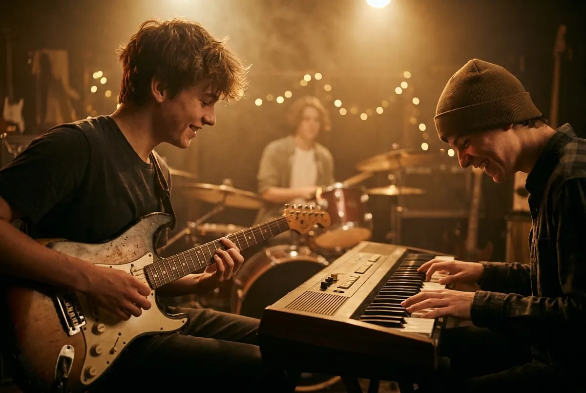 Teenage musicians jamming together in a rehearsal room, lit in warm amber light
