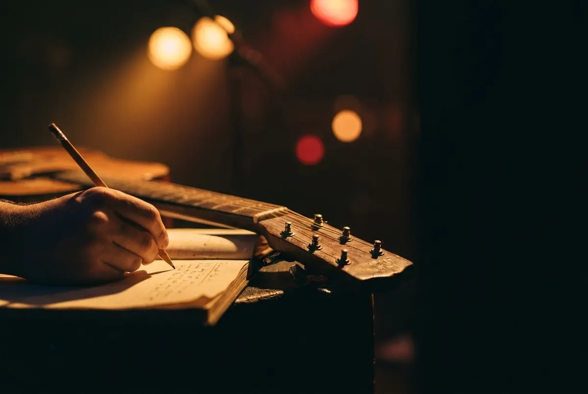 A hand writing lyrics in a notebook beside a guitar headstock, lit in golden light